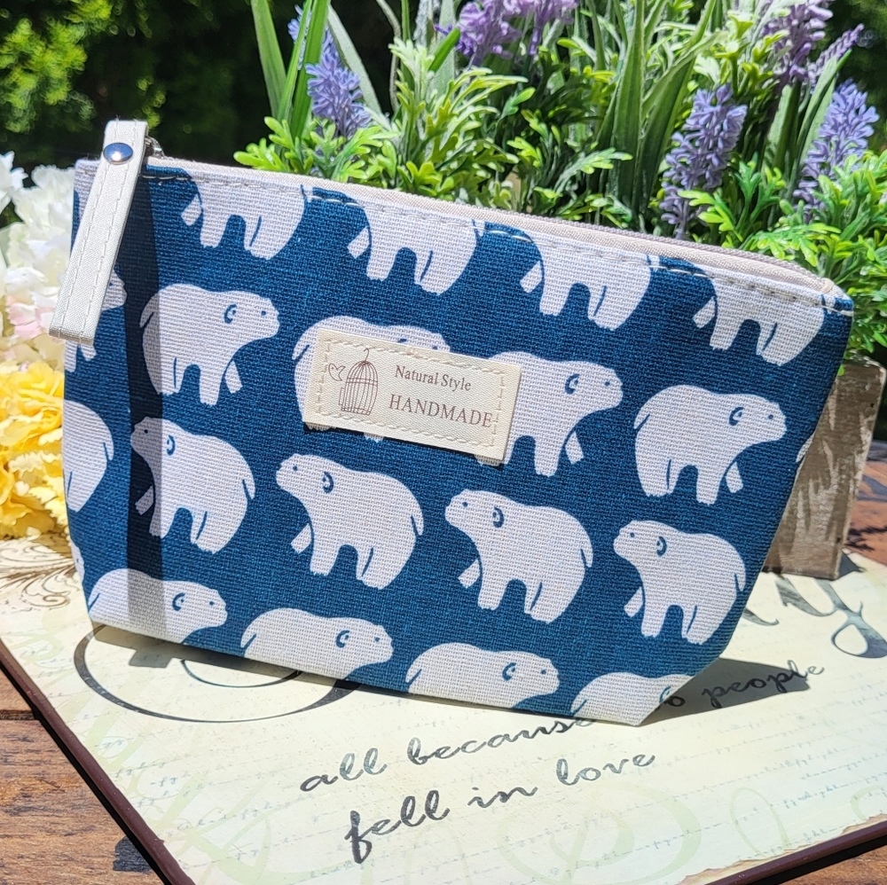 Cute, polar bear cosmetic bag. Zippered closure, expandable bottom  New!